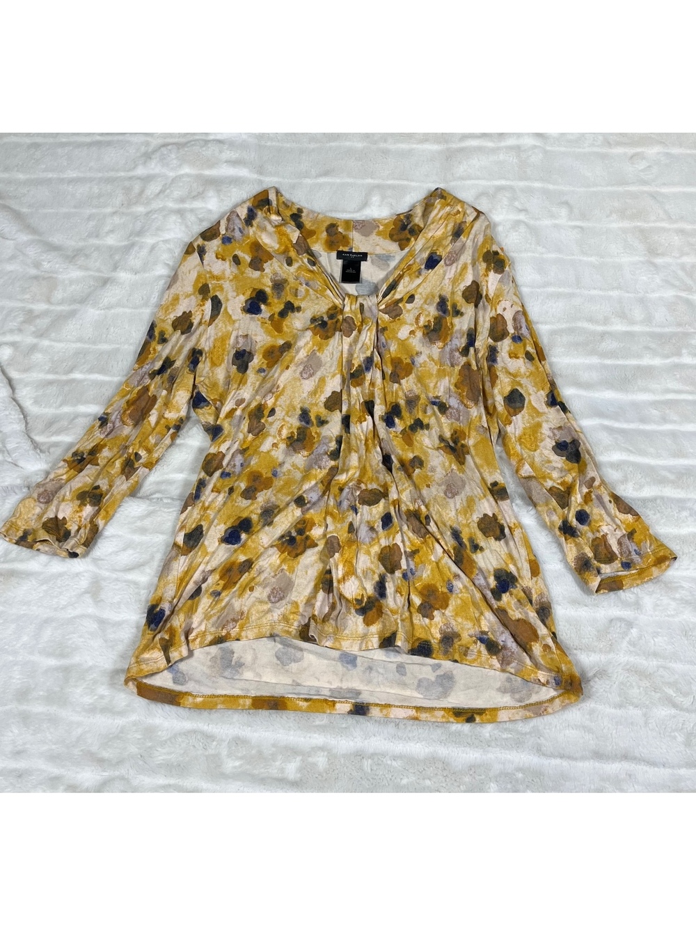 Ann Taylor L Yellow Twist Front 3/4 Sleeve Abstract Casual Fall Top